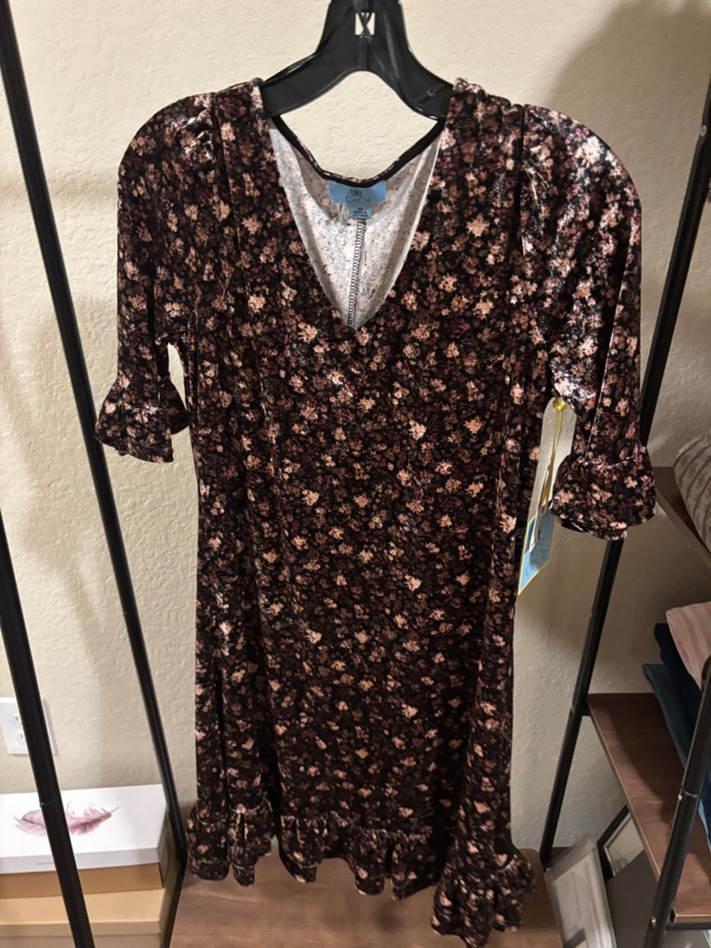 CeCe Velvet Black Floral V-Neck Midi Dress with Pink Accents